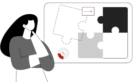 Person thinking in front of a board showing four puzzle pieces in different shades with one piece outlined and an arrow pointing to it.